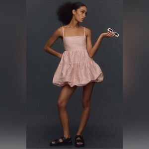 Anthropologie Women’s L Square-Neck Bubble-Hem Mini Dress by Aureta Studio Pink